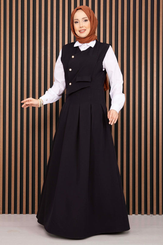 Ensemble robe salopette avec chemise à détails en relief noir