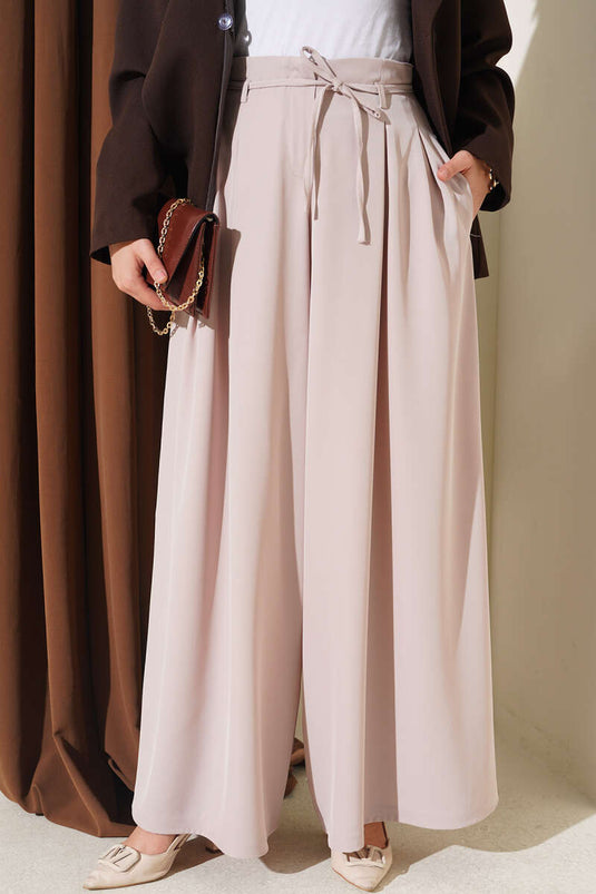 Beige Tie-Detail Drawstring Pants