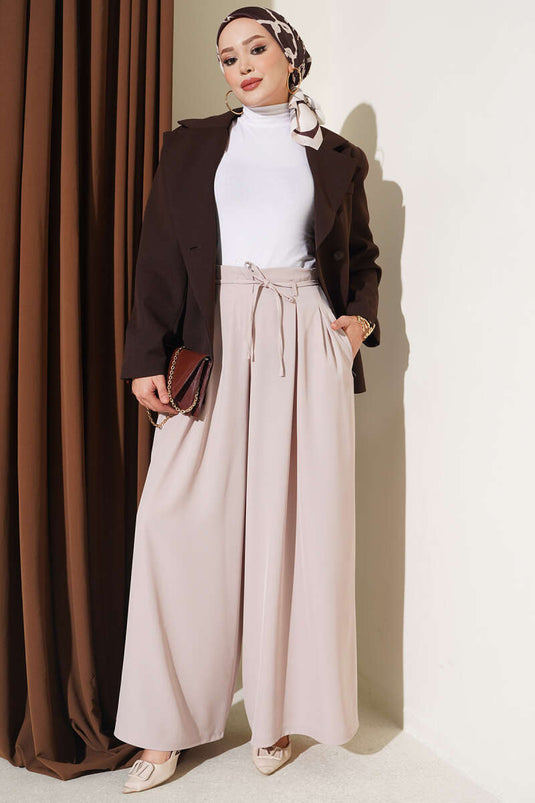 Beige Tie-Detail Drawstring Pants