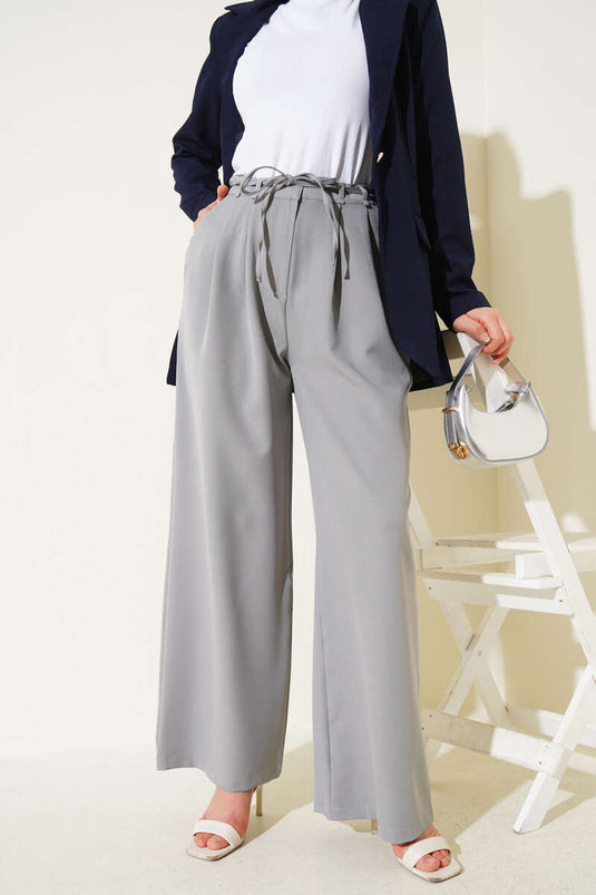 Pleated Detailed Rope Belted Trousers in Gray