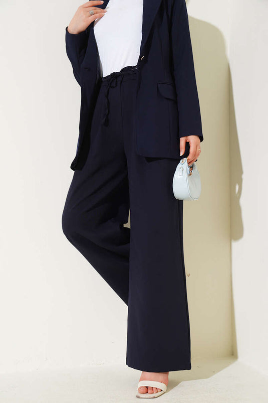 Pantalon plissé à ceinture en corde bleu marine