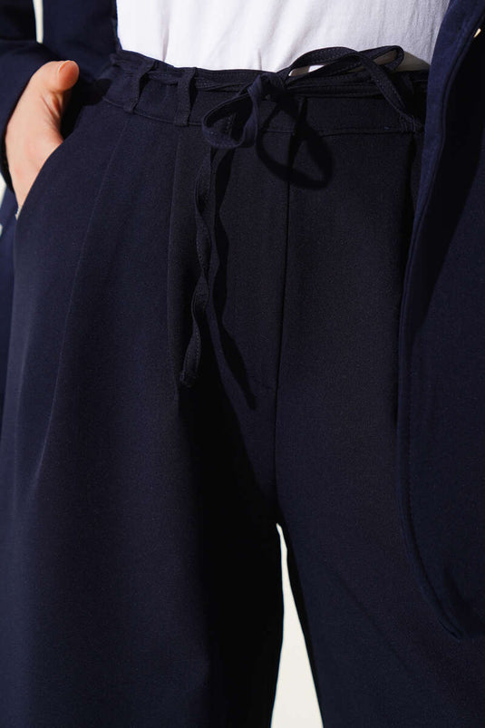 Pantalon plissé à ceinture en corde bleu marine