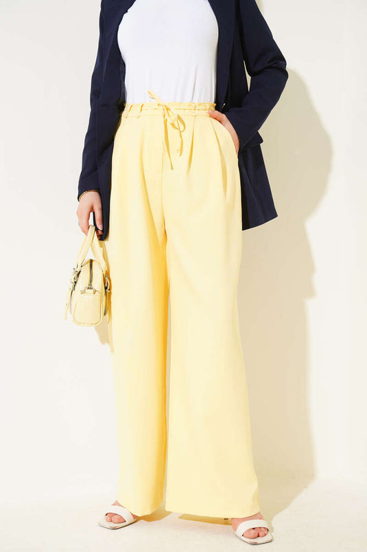 Pile Detaylı İp Kuşaklı Pantolon Sarı