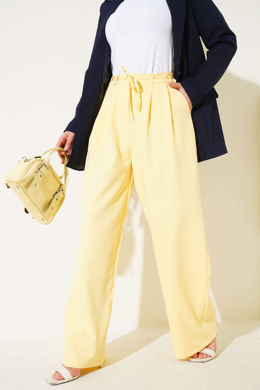 Pile Detaylı İp Kuşaklı Pantolon Sarı