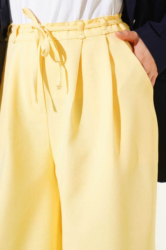 Pile Detaylı İp Kuşaklı Pantolon Sarı
