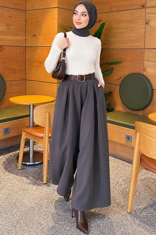 Relaxed Pants With Pile Detail And Belt In Smoke Grey