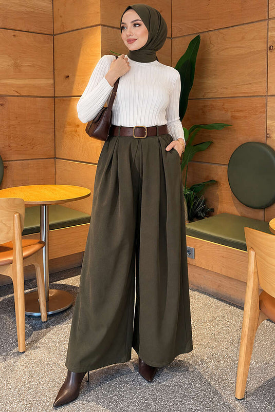 Harem Style Cargo Pants With Pile Detail And Belt In Khaki