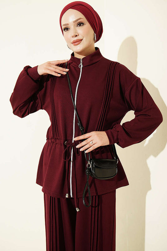 Burgundy Pile Detail Lace Two-Piece Set