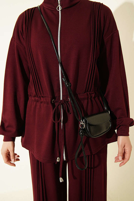 Burgundy Pile Detail Lace Two-Piece Set