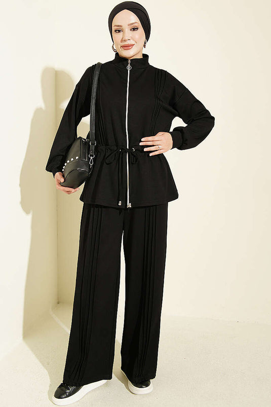 Black Pile Detail Lace Two-Piece Set