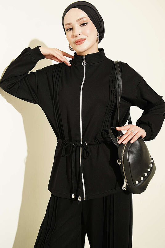 Black Pile Detail Lace Two-Piece Set