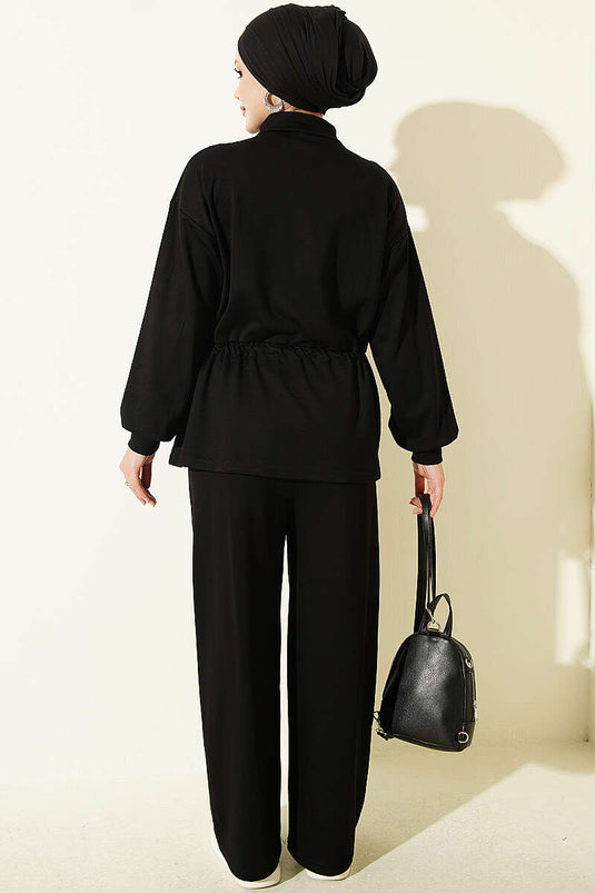 Black Pile Detail Lace Two-Piece Set