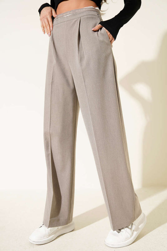 Pile Detaylı Palazzo Kumaş Pantolon Bej