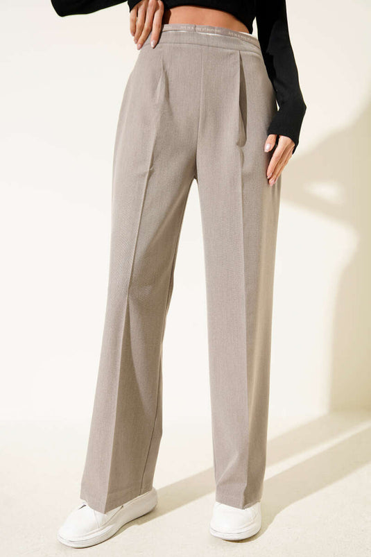 Pile Detaylı Palazzo Kumaş Pantolon Bej