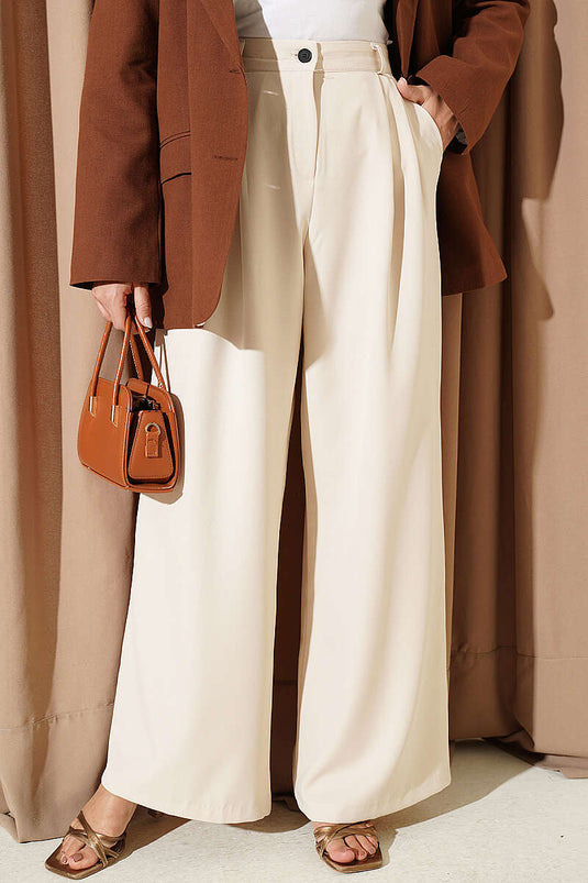Pantalon Palazzo Beige À Détails En Peluche