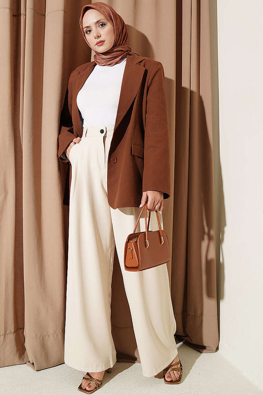 Pantalon Palazzo Beige À Détails En Peluche