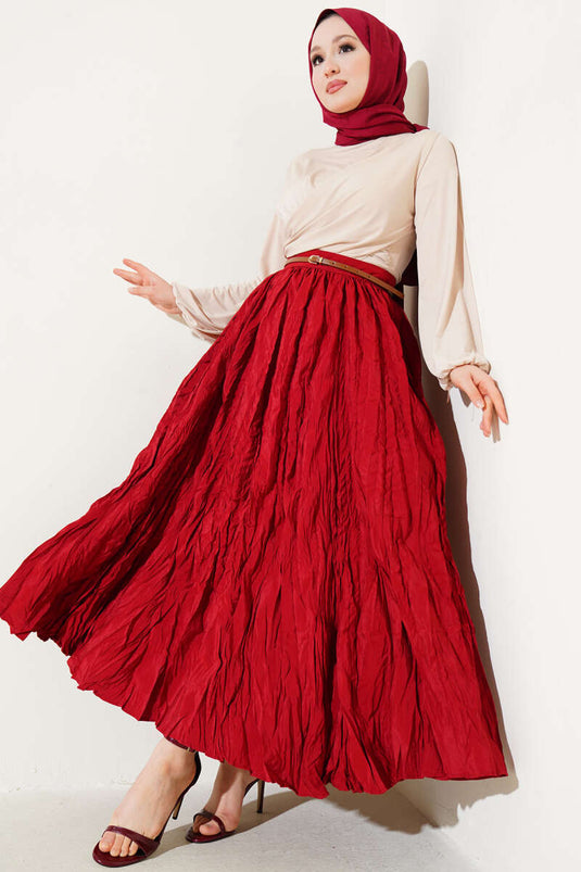 Pileli Bel Fermuarlı Kraş Etek Bordo