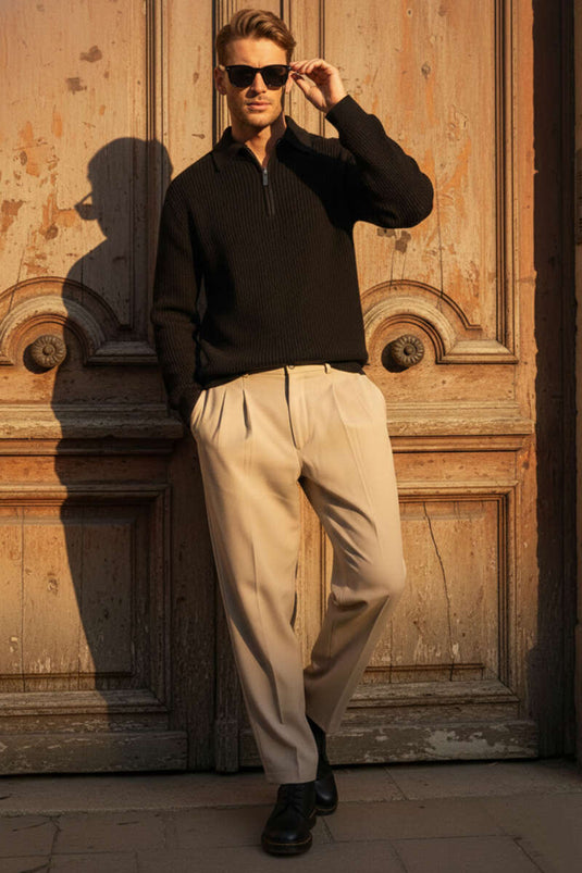 Pantalon ample pour homme à ceinture élastiquée beige à plis