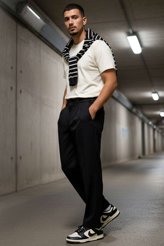 Pantalon ample pour homme à taille élastiquée avec ceinture, noir