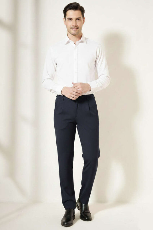 Pantalon pour homme à ceinture élastiquée bleu marine à plis