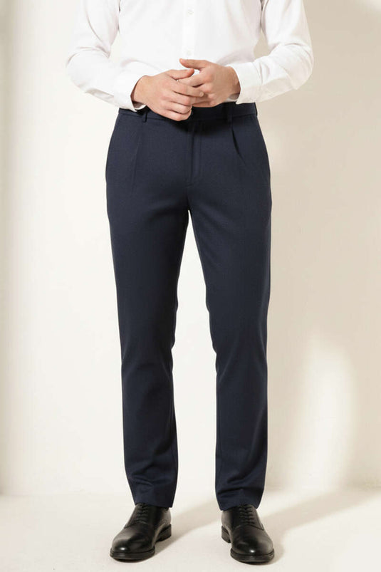 Men's Pants with Pleats and Elastic Waistband Navy Blue