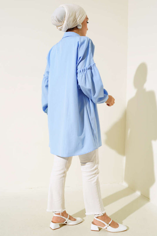 قميص مطوي الأزهار المطرزة الجليد الأزرق