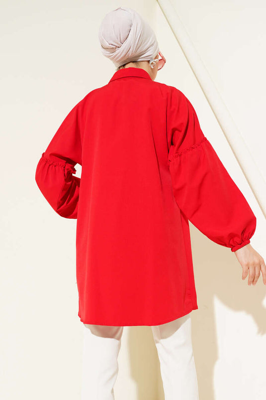 Chemise plissée brodée de fleurs rouge