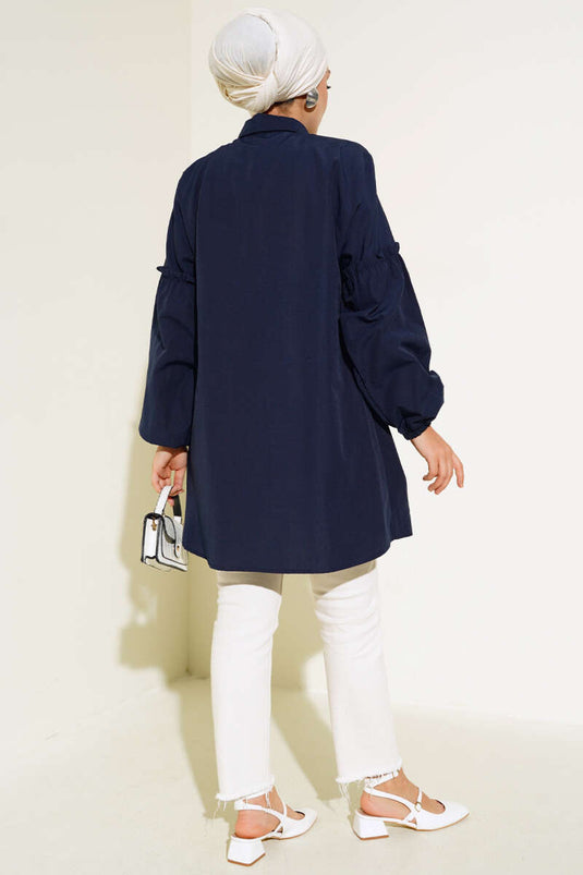 Chemise Plissée Brodée Florale Bleu Marine