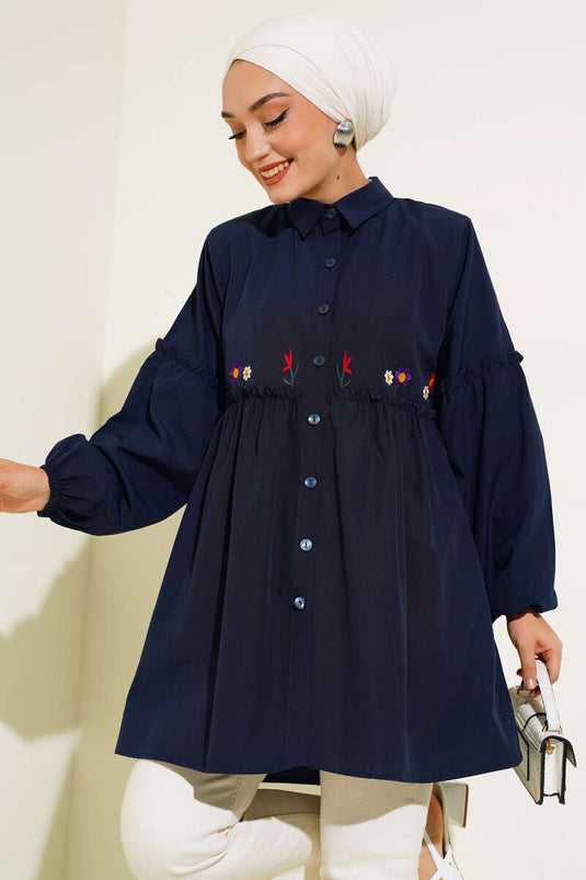 Chemise Plissée Brodée Florale Bleu Marine