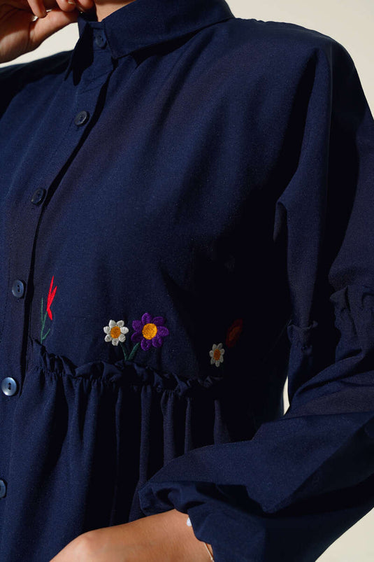 Chemise Plissée Brodée Florale Bleu Marine
