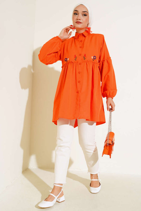 Chemise Brodée Florale Plissée Orange