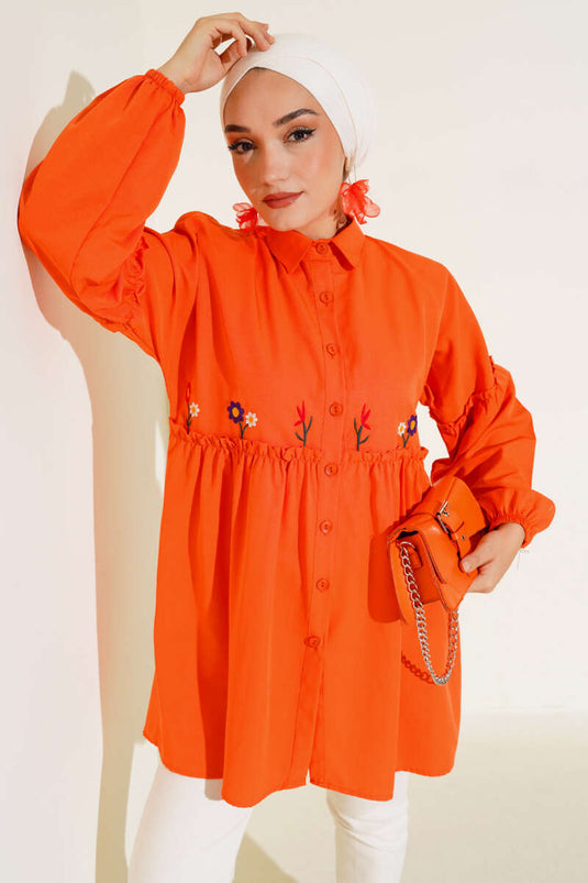 Chemise Brodée Florale Plissée Orange