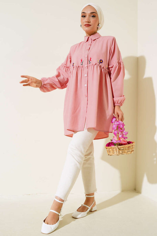 Chemise Plissée Brodée Florale Poudre