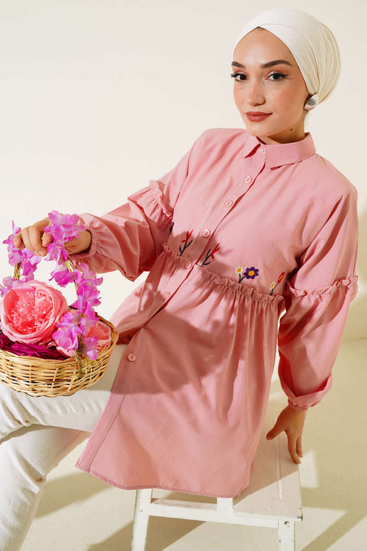 Chemise Plissée Brodée Florale Poudre