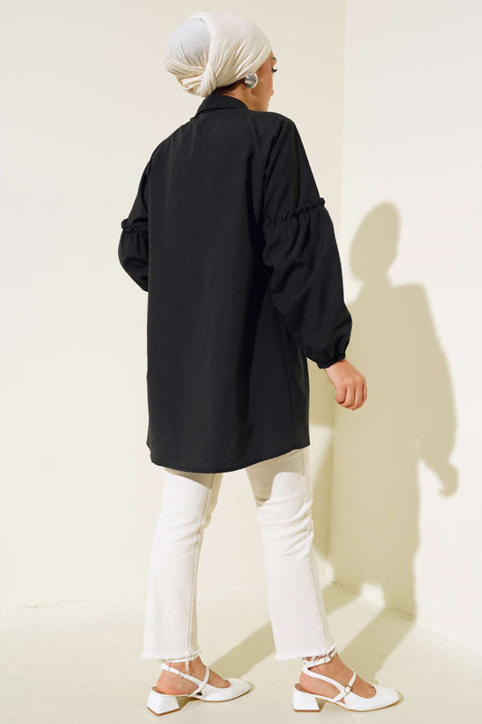 Chemise Brodée Florale Plissée Noir