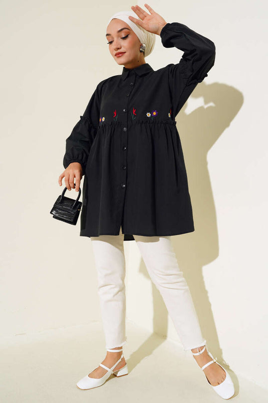 Chemise Brodée Florale Plissée Noir