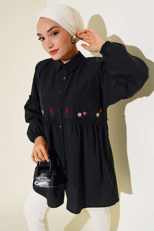Chemise Brodée Florale Plissée Noir