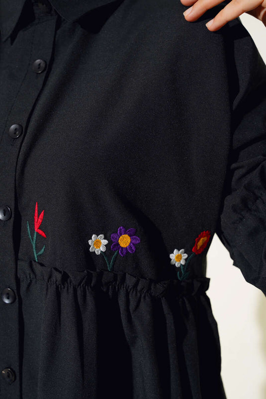 Chemise Brodée Florale Plissée Noir
