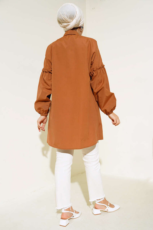 Chemise Brodée Florale Plissée Marron