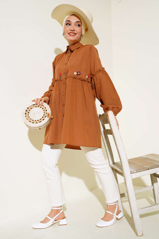 Chemise Brodée Florale Plissée Marron
