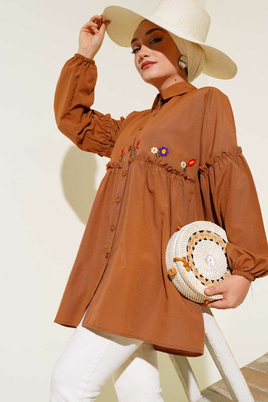 Chemise Brodée Florale Plissée Marron