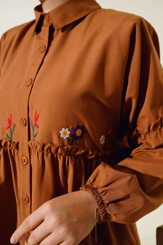 Chemise Brodée Florale Plissée Marron