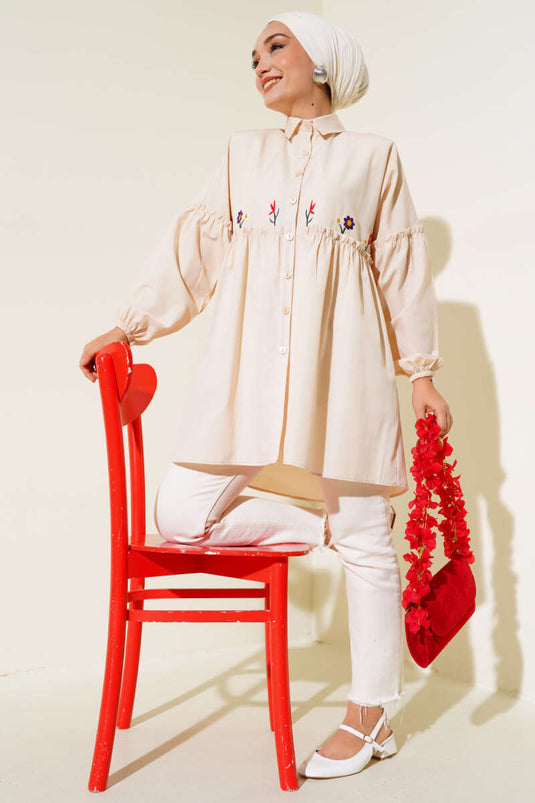 Chemise Plissée Brodée Florale Stone