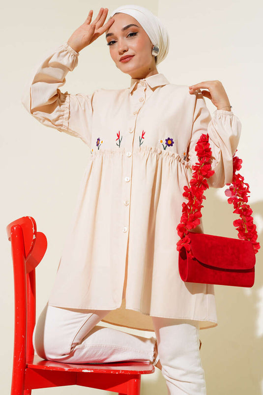 Chemise Plissée Brodée Florale Stone