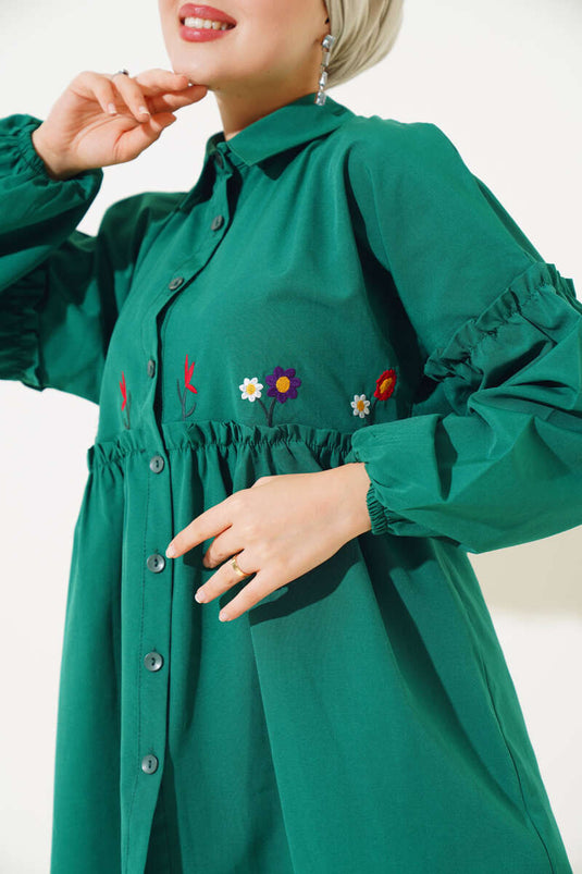 Chemise Brodée Florale Plissée Vert
