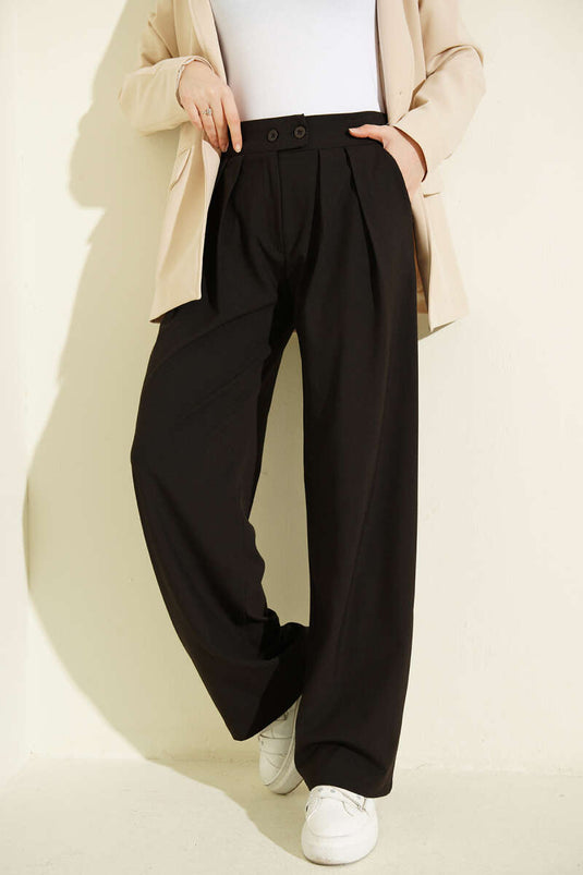 Pleated Double-Button Loose Trousers Dark Brown