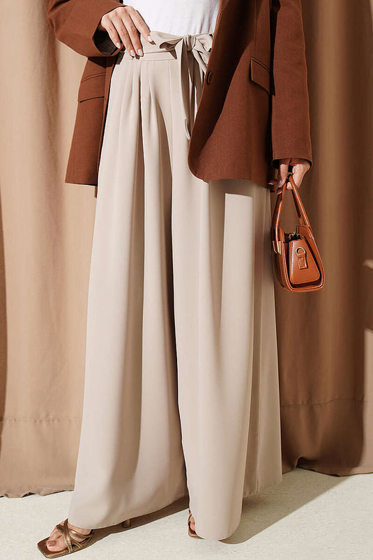 Beige Plissierte Weite-Hose Aus Stoff