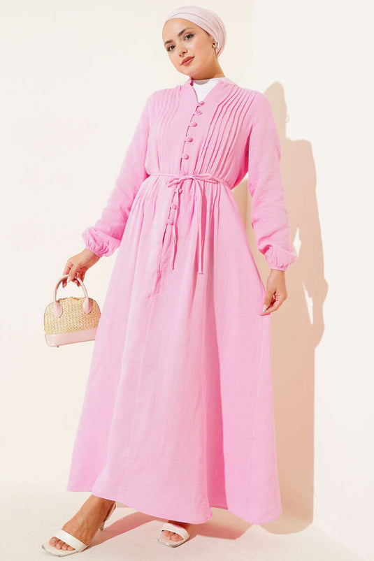 Plissiertes Kleid mit Knopfdetail, süßes Pink