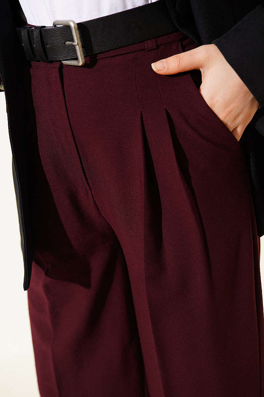 Pleated Buttoned Palazzo Pants Burgundy