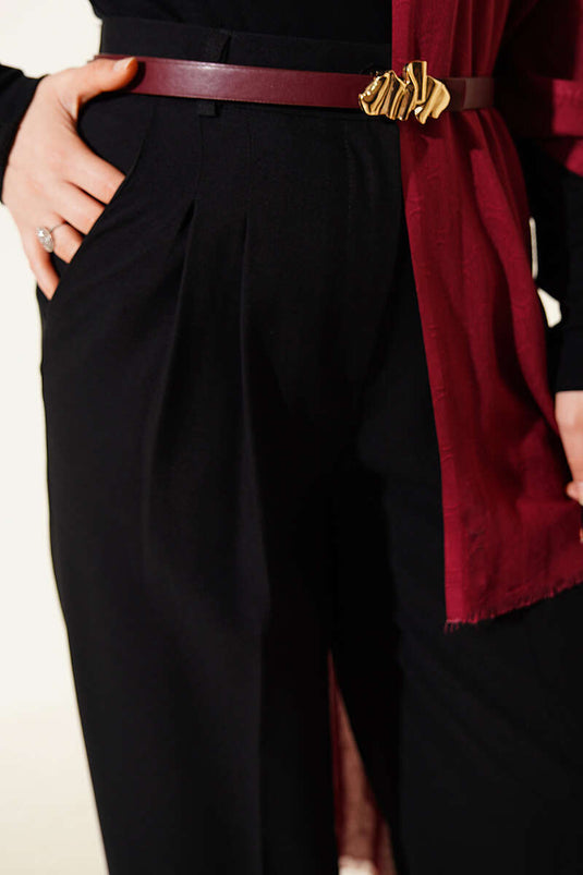 Pleated Buttoned Palazzo Pants Black